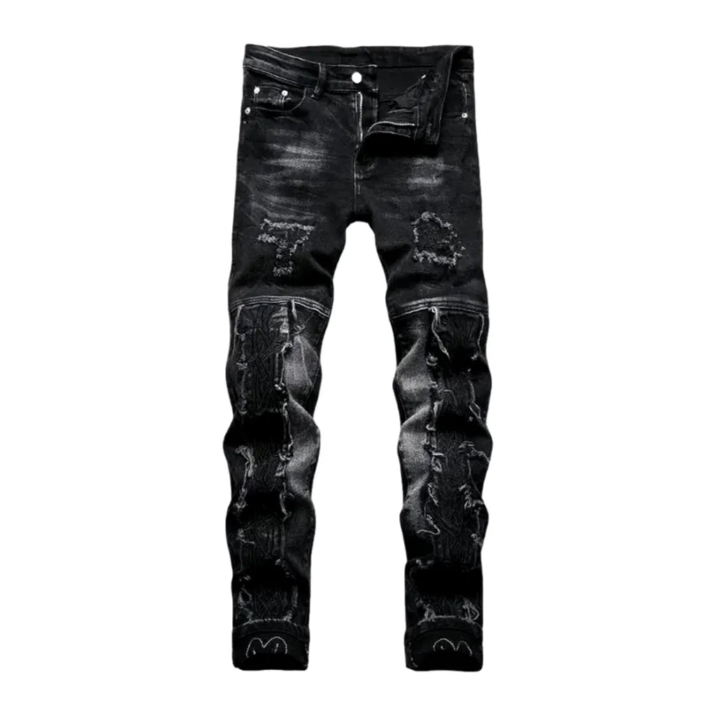 Whiskered Embroidered Distressed Men's Jeans - Black