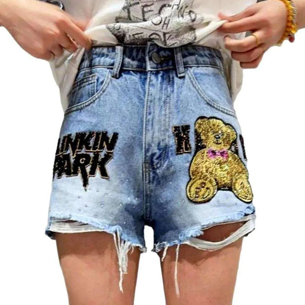 Teddy bear embroidery denim shorts