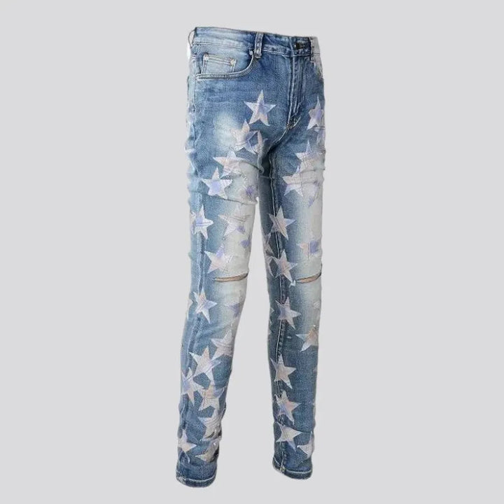Stars-embroidery men's distressed jeans