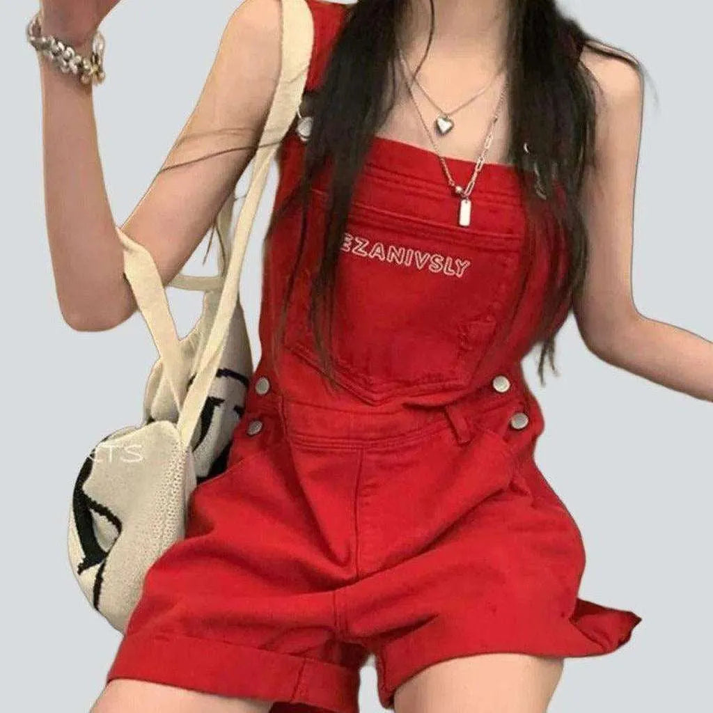 Red denim romper for women