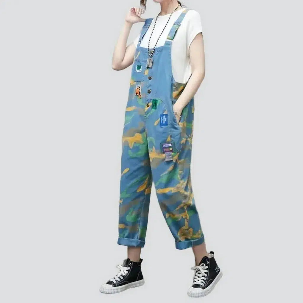 Light-wash painted jean jumpsuit
 for women