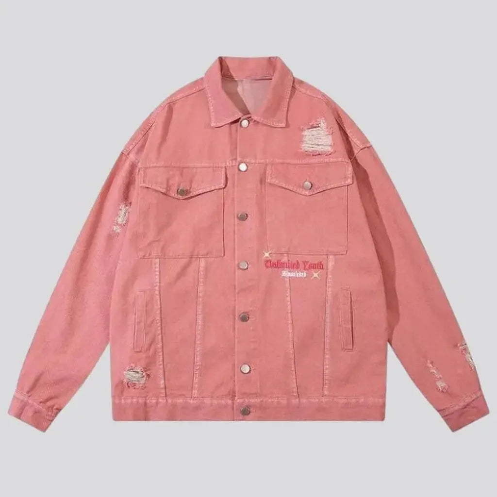 Pink inscribed men's jeans jacket