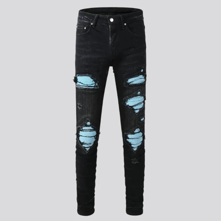 Skinny distressed patchwork motorcycle men's jeans