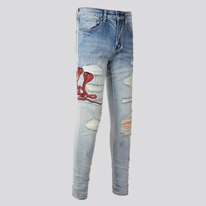 Sanded embroidered skinny red-cobra men's jeans