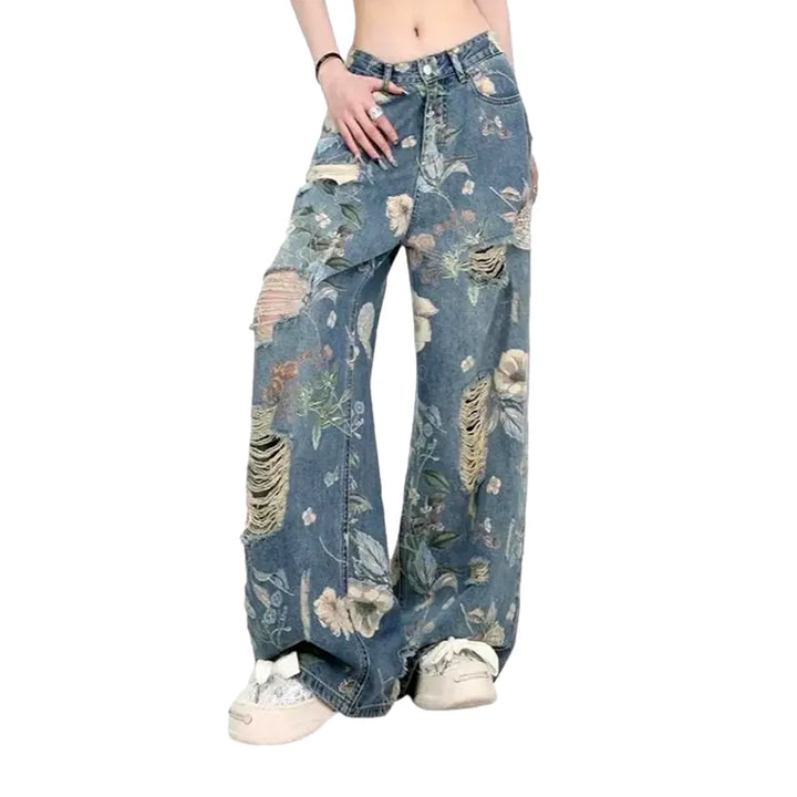 Baggy Fit Floral Print Women's Jeans - Blue