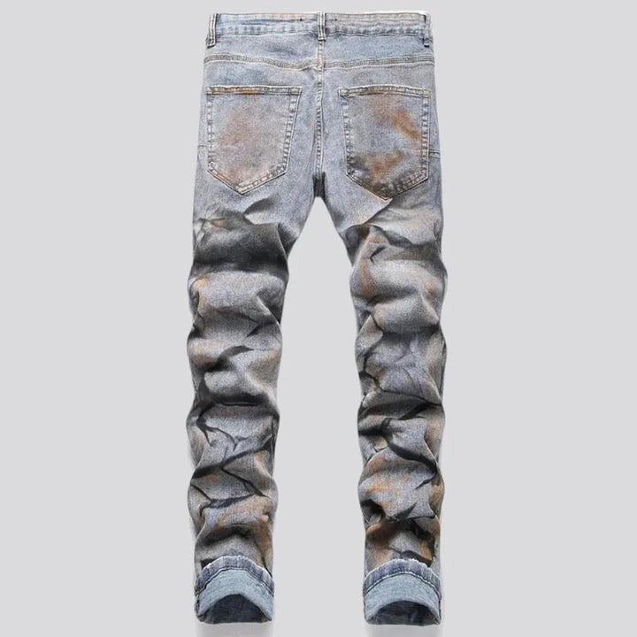 Paint-stains men's mid-waist jeans
