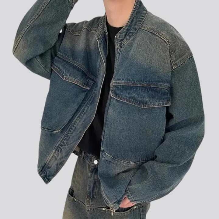 Medium wash grunge street men's denim jacket