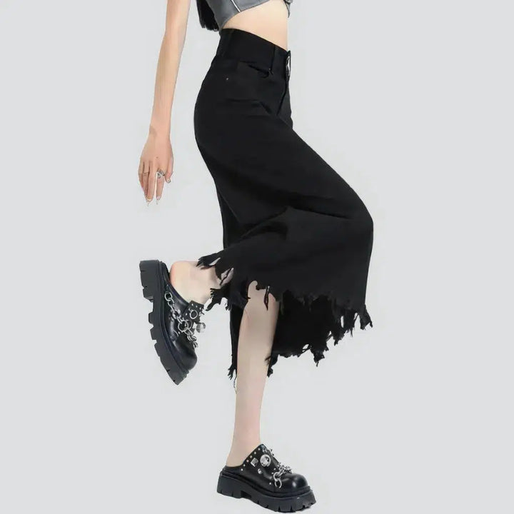 Distressed raw-hem high-waist jean skirt
 for ladies