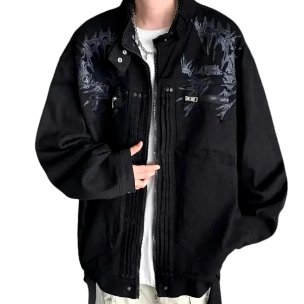 Painted Pattern Oversized Men's Denim Jacket - Black