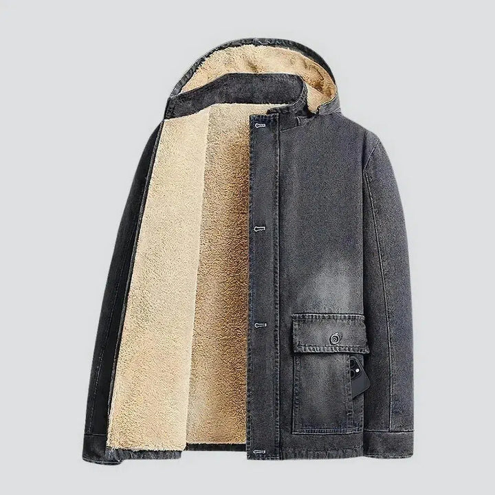 Sanded hooded men's denim jacket