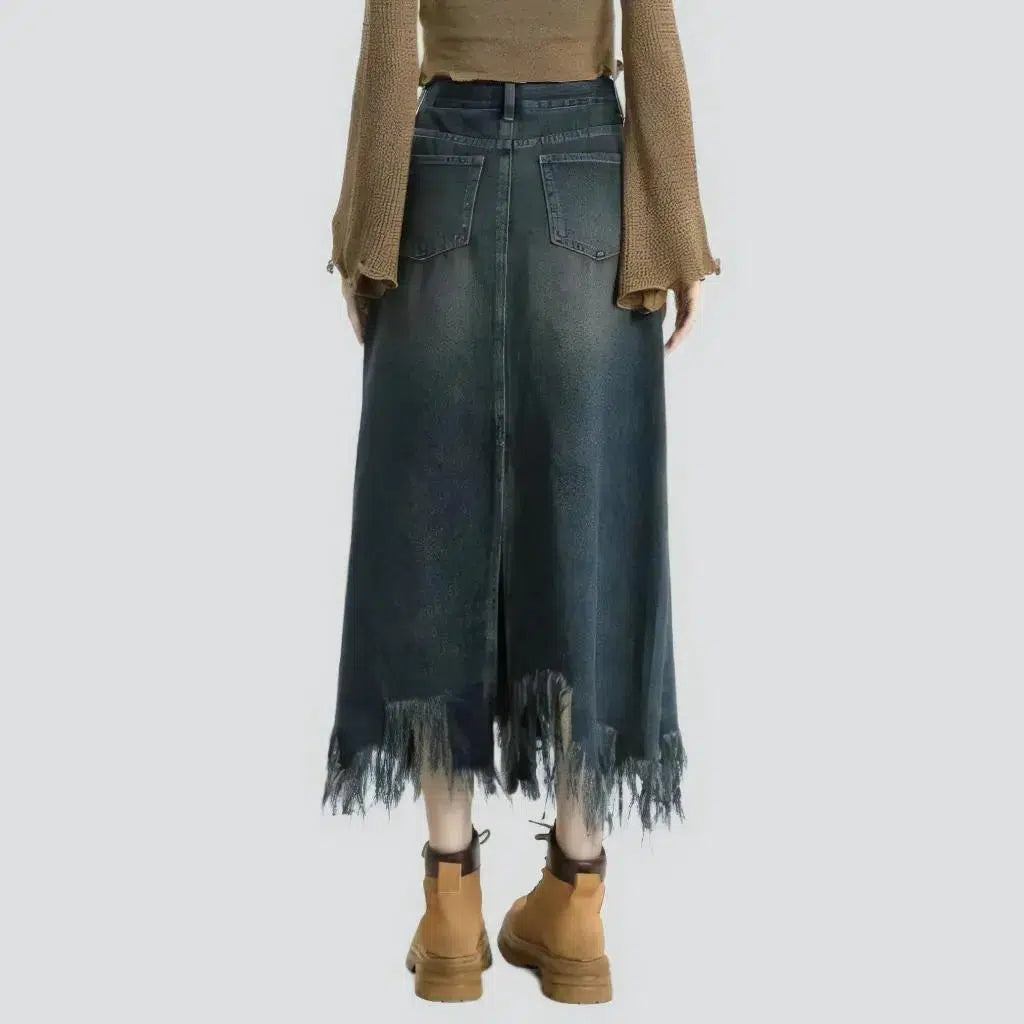 Distressed raw-hem long denim skirt
 for ladies