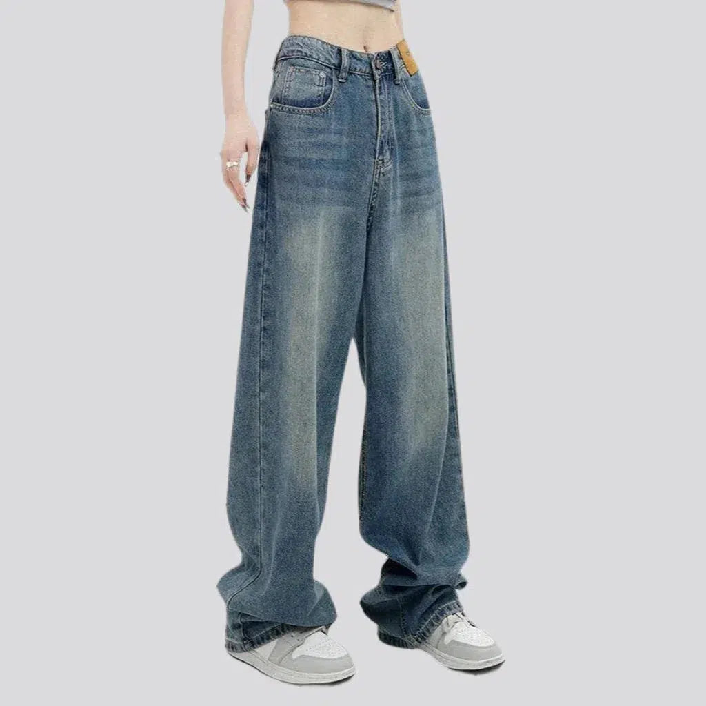 baggy, vintage, stonewashed, exposed front label, floor-length, high-waist, 5-pocket, zipper-button, women's jeans | Jeans4you.shop