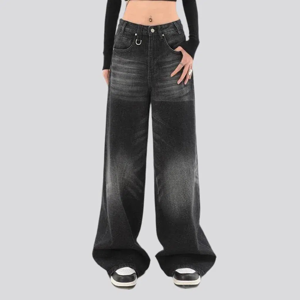baggy, vintage, black, sanded, whiskered, high-waist, 5-pocket, zipper-button, women's jeans | Jeans4you.shop