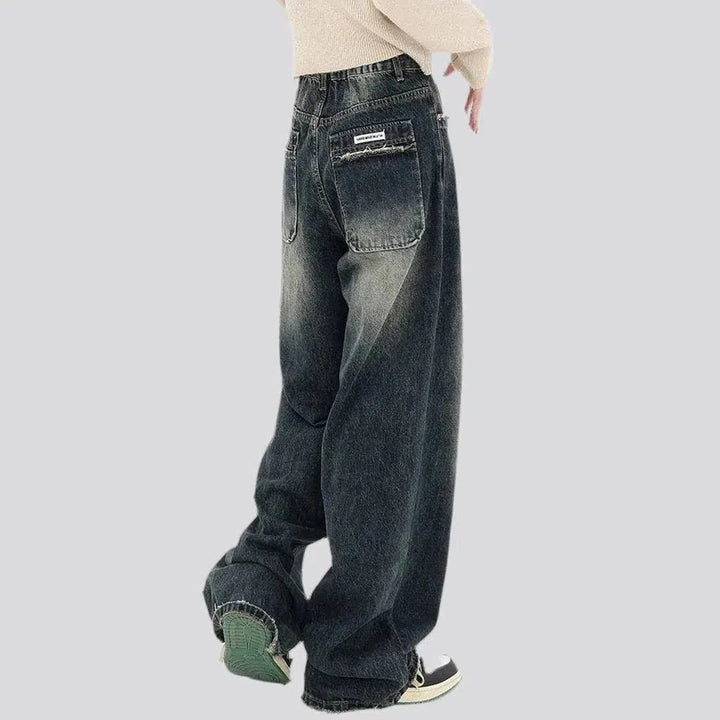 baggy, sanded, dark wash, stonewashed, vintage, distressed pockets, floor-length, high-waist, 5-pocket, zipper-button-rubber, women's jeans | Jeans4you.shop