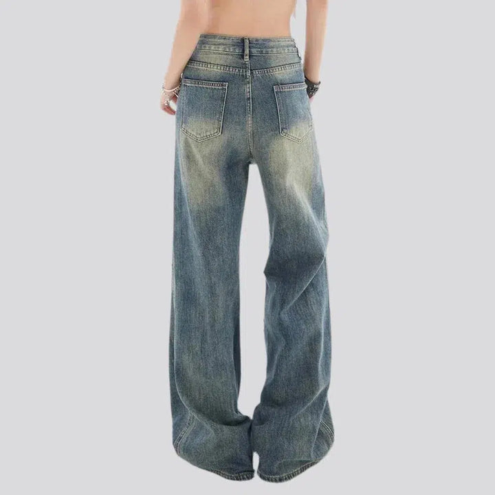 baggy, vintage, medium wash, sanded, yellow cast, floor-length, high-waist, 5-pocket, zipper-button, women's jeans | Jeans4you.shop