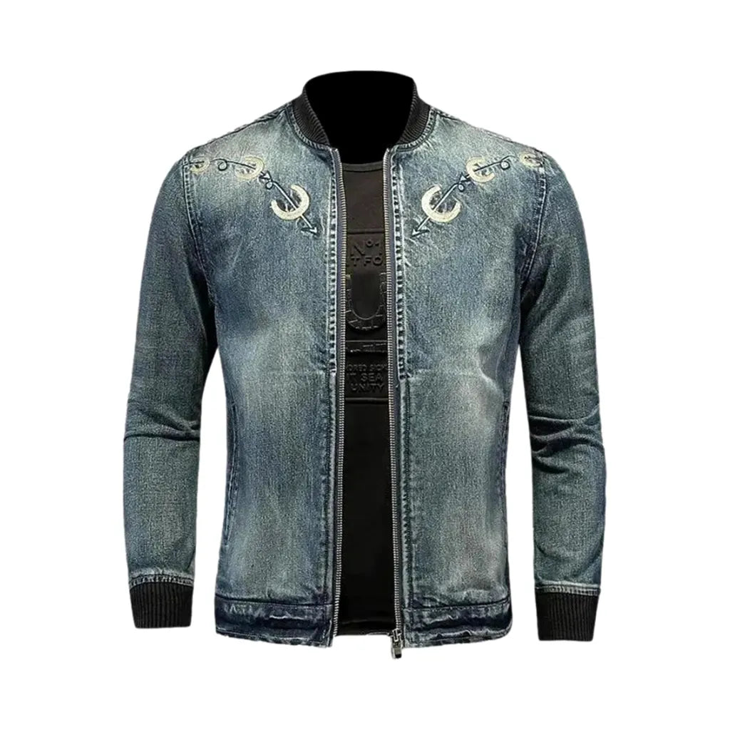 Vintage Style Slim Fit Men's Denim Bomber Jacket - Blue