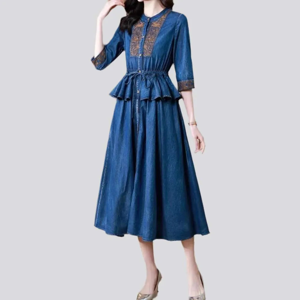 Embroidered medium wash jean dress
 for ladies