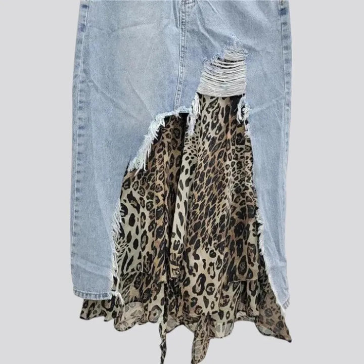 Distressed leopard print denim skirt