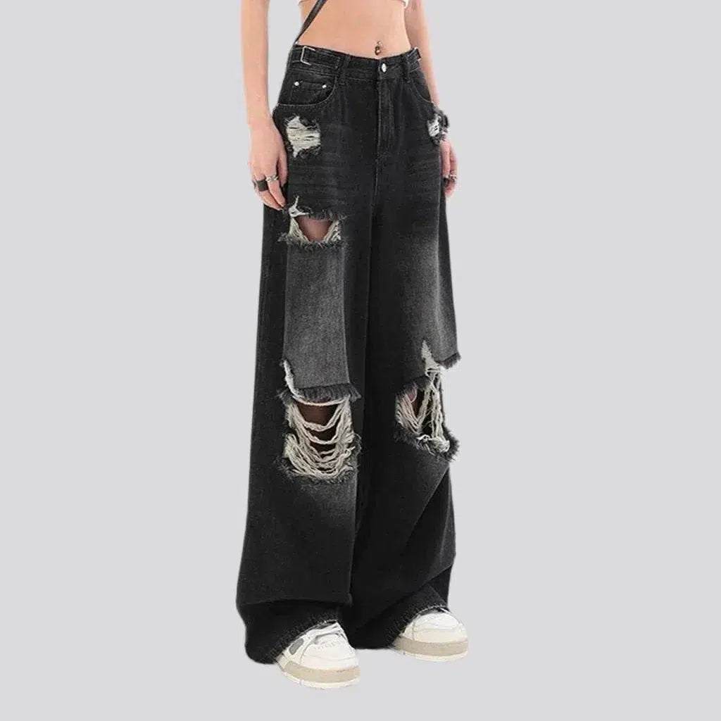 baggy, distressed, sanded, vintage, floor-length, high-waist, 5-pocket, zipper-button, women's jeans | Jeans4you.shop