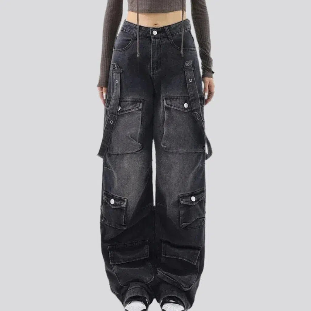 baggy, embellished, black, sanded, vintage, voluminous pockets, floor-length, high-waist, zipper-button, women's jeans | Jeans4you.shop