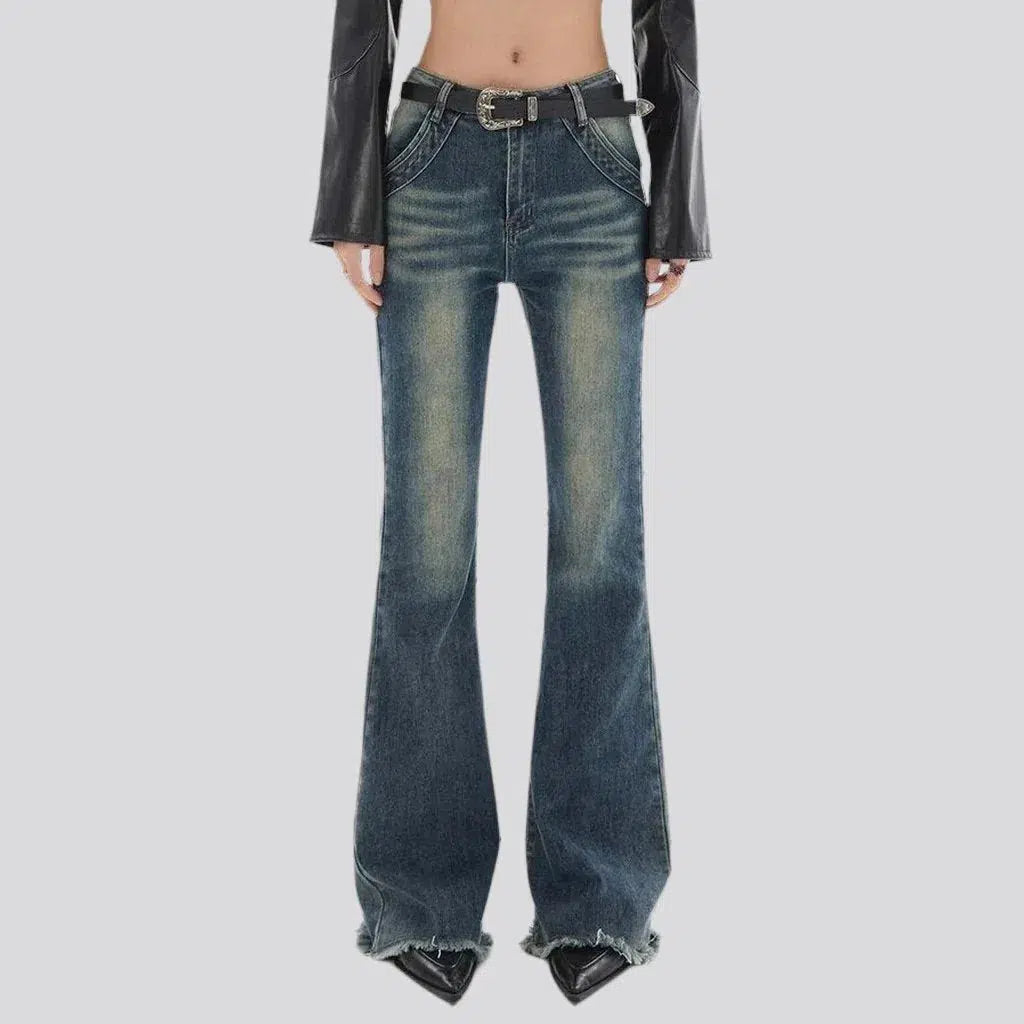 bootcut, dark wash, raw hem, sanded, whiskered, floor-length, low-waist, diagonal-pocket, zipper-button, women's jeans | Jeans4you.shop