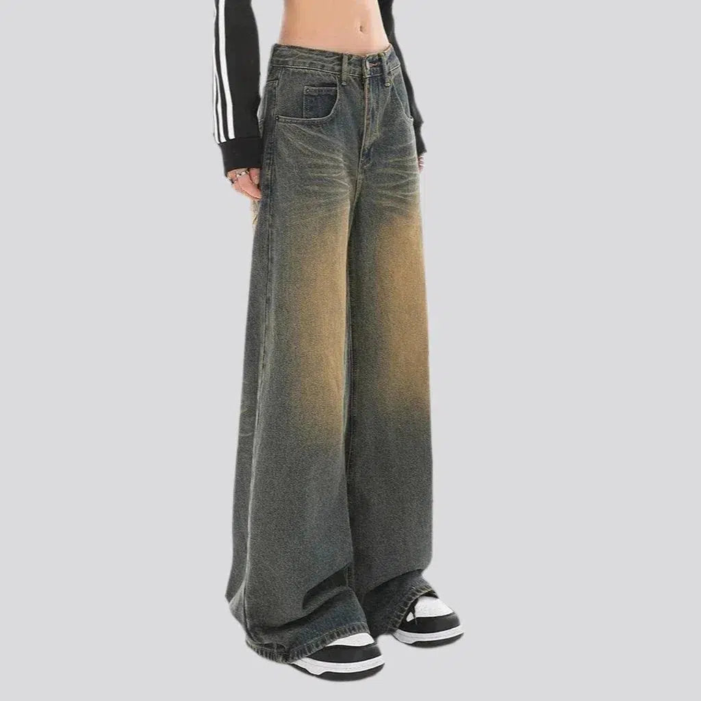 baggy, vintage, sanded, whiskered, yellow cast, floor-length, high-waist, 5-pocket, zipper-button, women's jeans | Jeans4you.shop