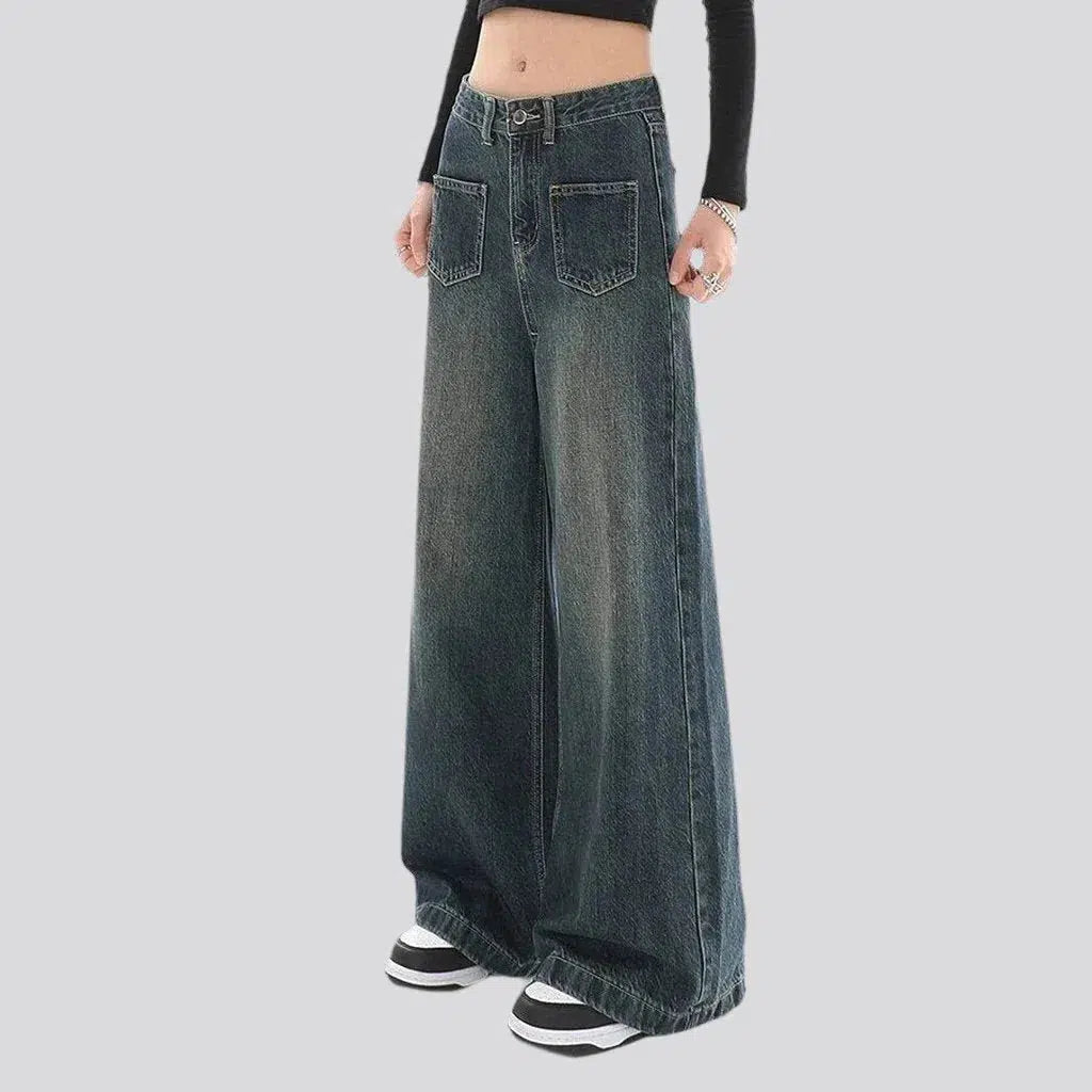 baggy, dark wash, sanded, vintage, floor-length, high-waist, straight-pocket, zipper-button, women's jeans | Jeans4you.shop