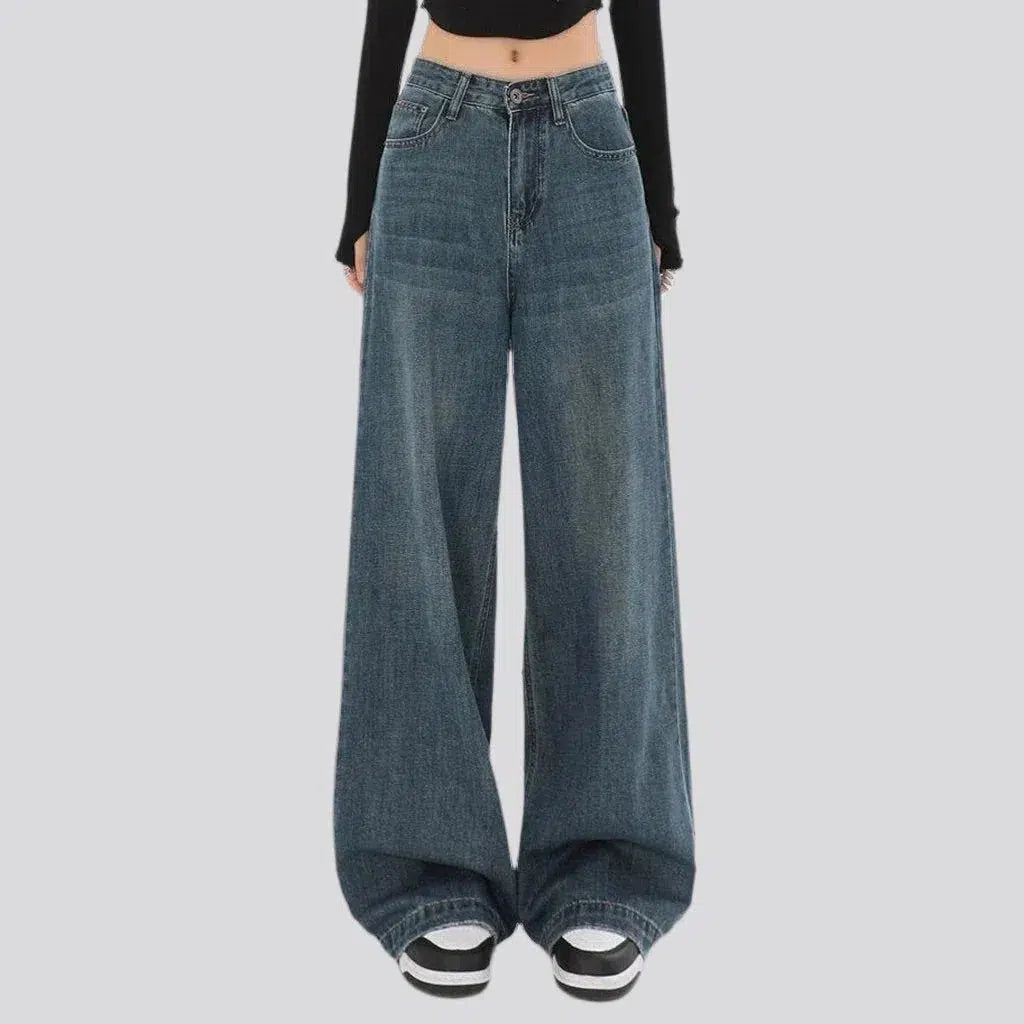 baggy, medium wash, stonewashed, vintage, floor-length, high-waist, 5-pocket, zipper-button, women's jeans | Jeans4you.shop