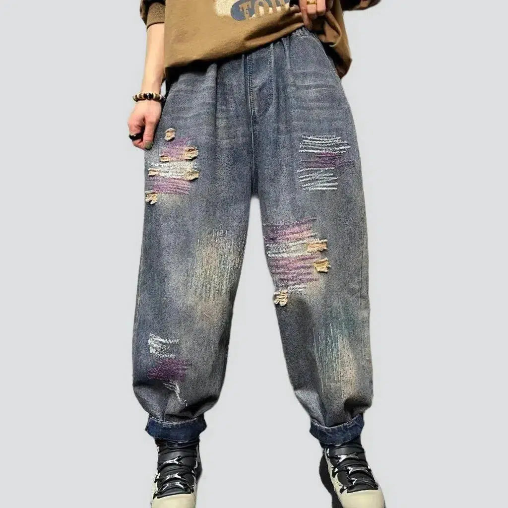 Baggy sanded jean pants
 for women