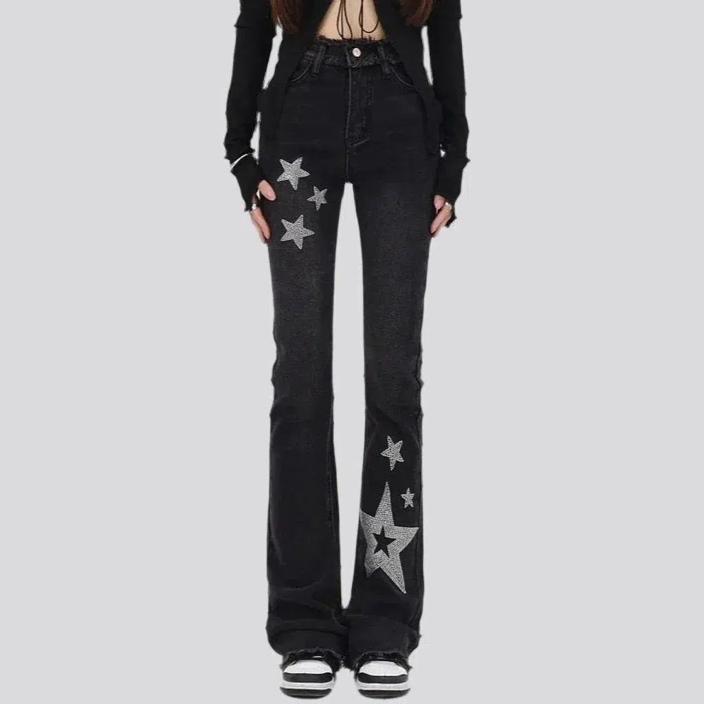 bootcut, painted, silver stars print, black, low-waist, zipper-button, 5-pocket, women's jeans | Jeans4you.shop