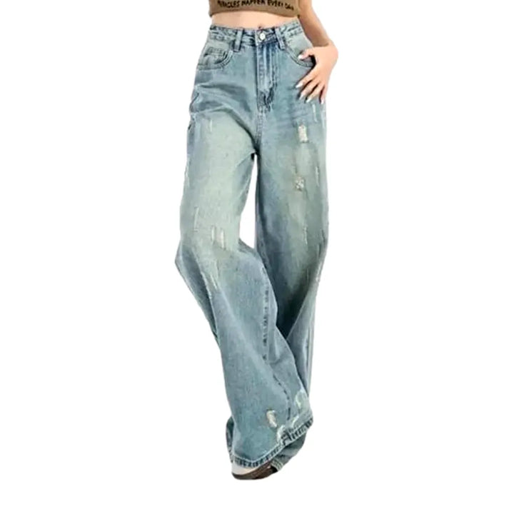 Boho Style Sanded Jeans for Ladies - Light Blue