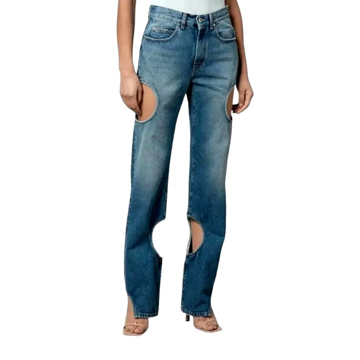 High-waist Boho Straight-cut Jeans for Ladies - Blue