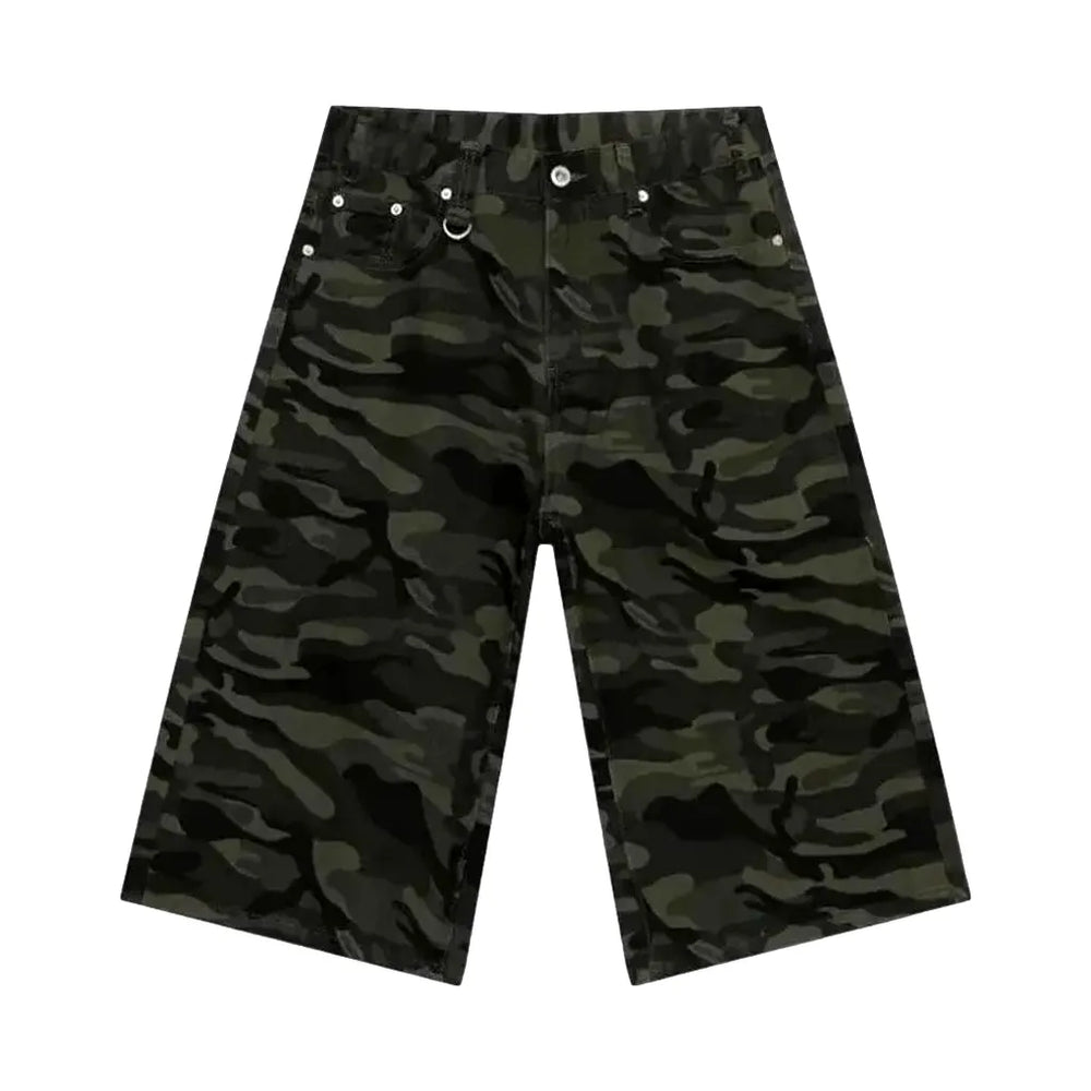 Baggy Camo Style Men's Denim Shorts - Khaki