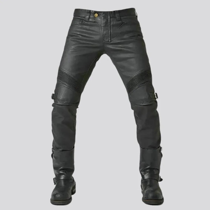 Mid rise coated biker motorcycle men's jean pants