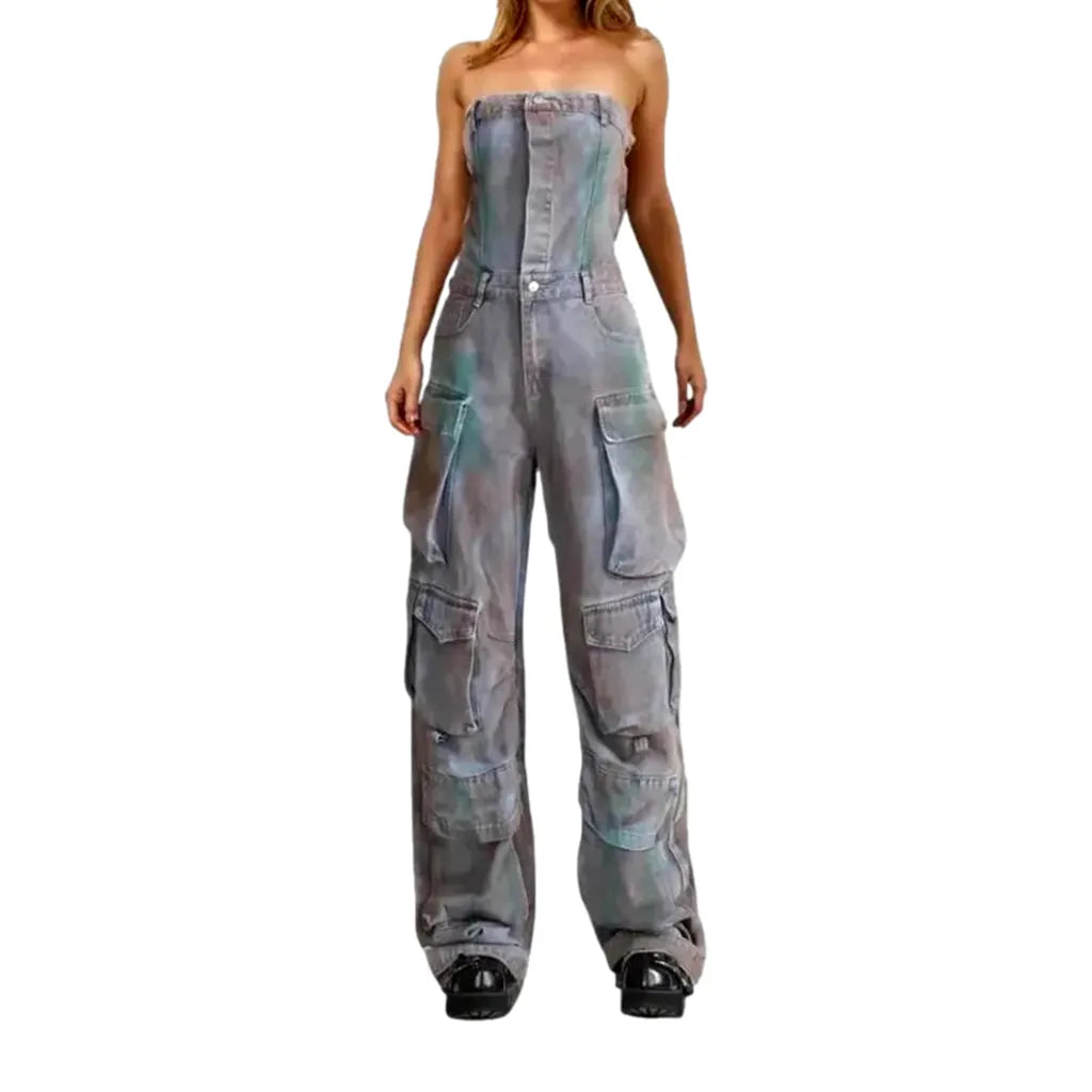 Colorful Cargo Pockets Women's Denim Jumpsuit - Blue