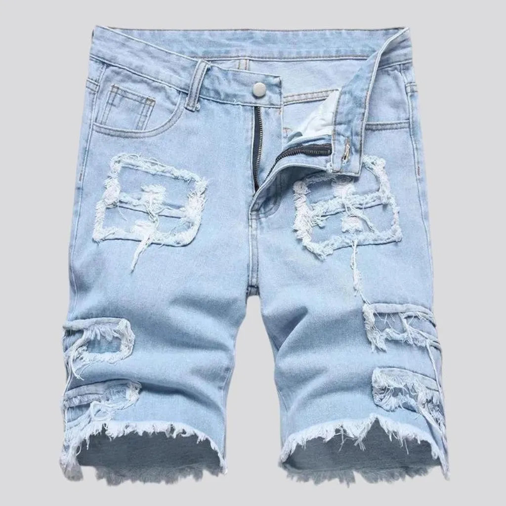 Grunge street style raw hem men's denim shorts