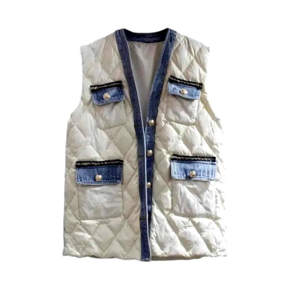 Fashionable Denim Puffer Vest for Women - White