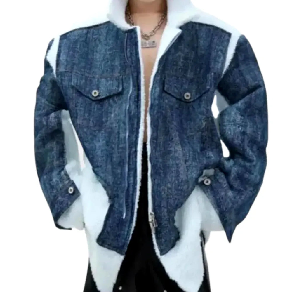 Stonewashed Mixed Style Fleece Men's Jean Jacket - Dark Blue