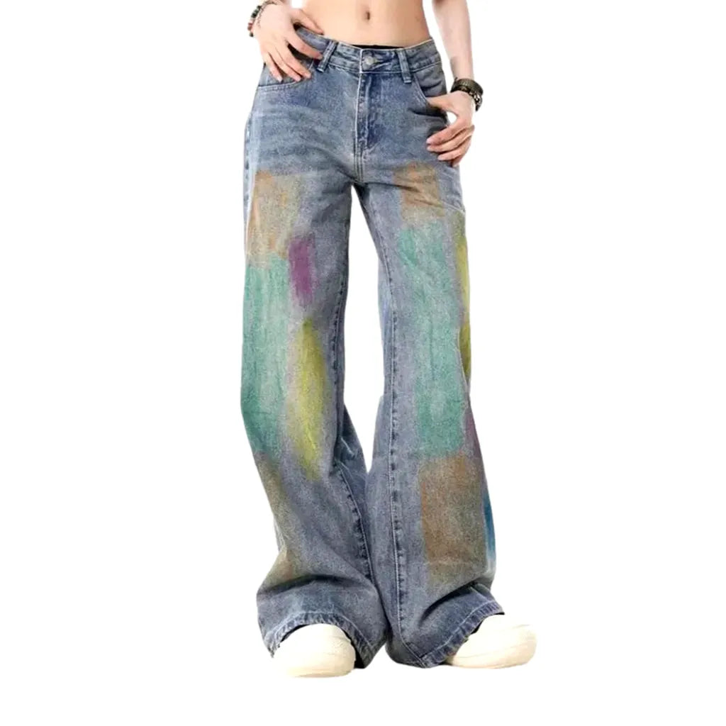 Baggy Fit Lined Printed Jeans for Women - Blue