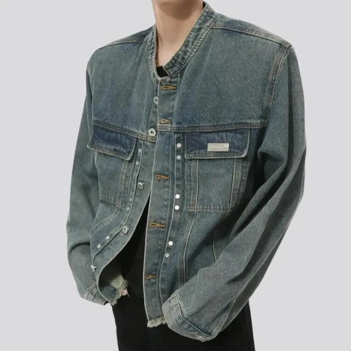 Retro pattern raw hem jeans jacket for men