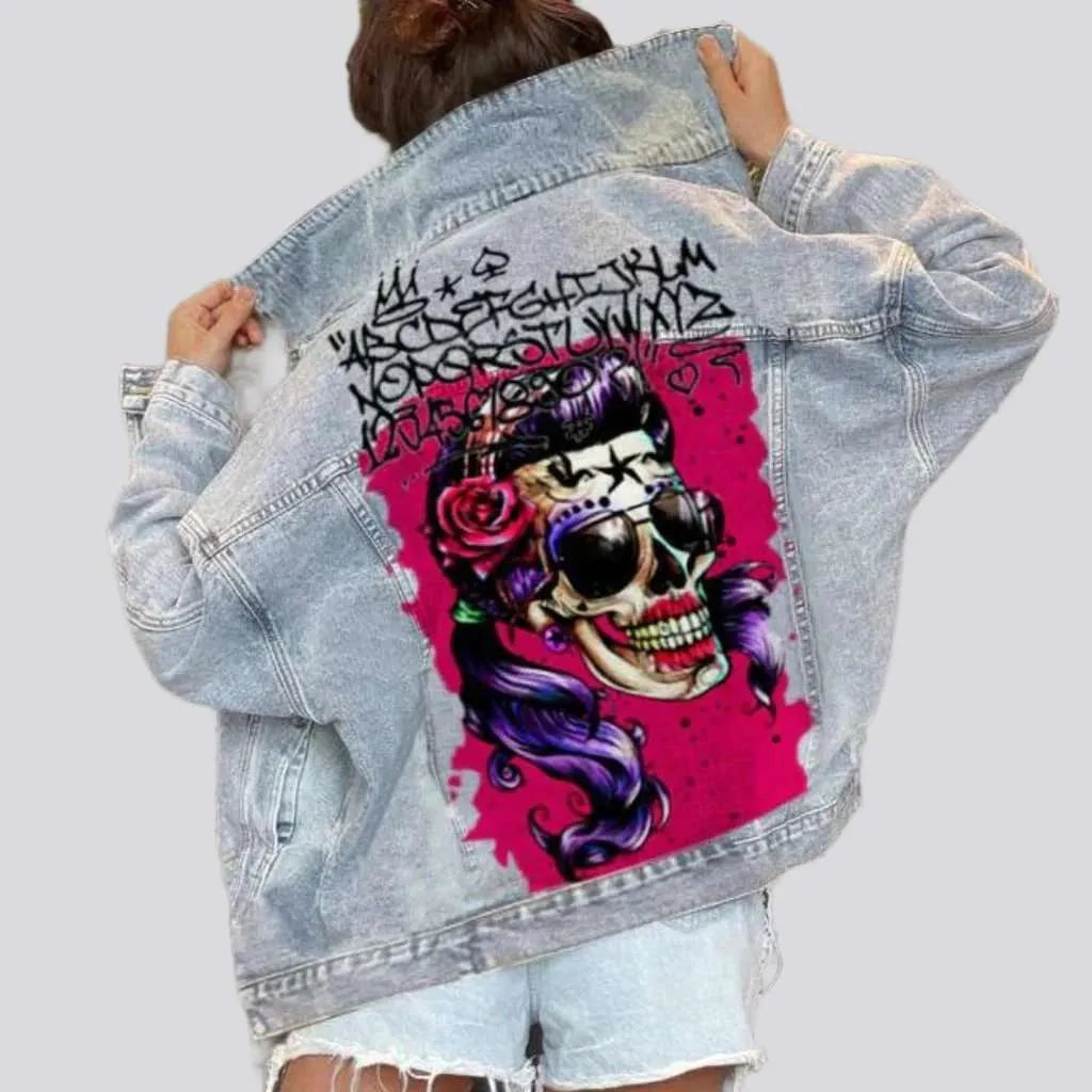 Painted skull print jeans jacket
 for women
