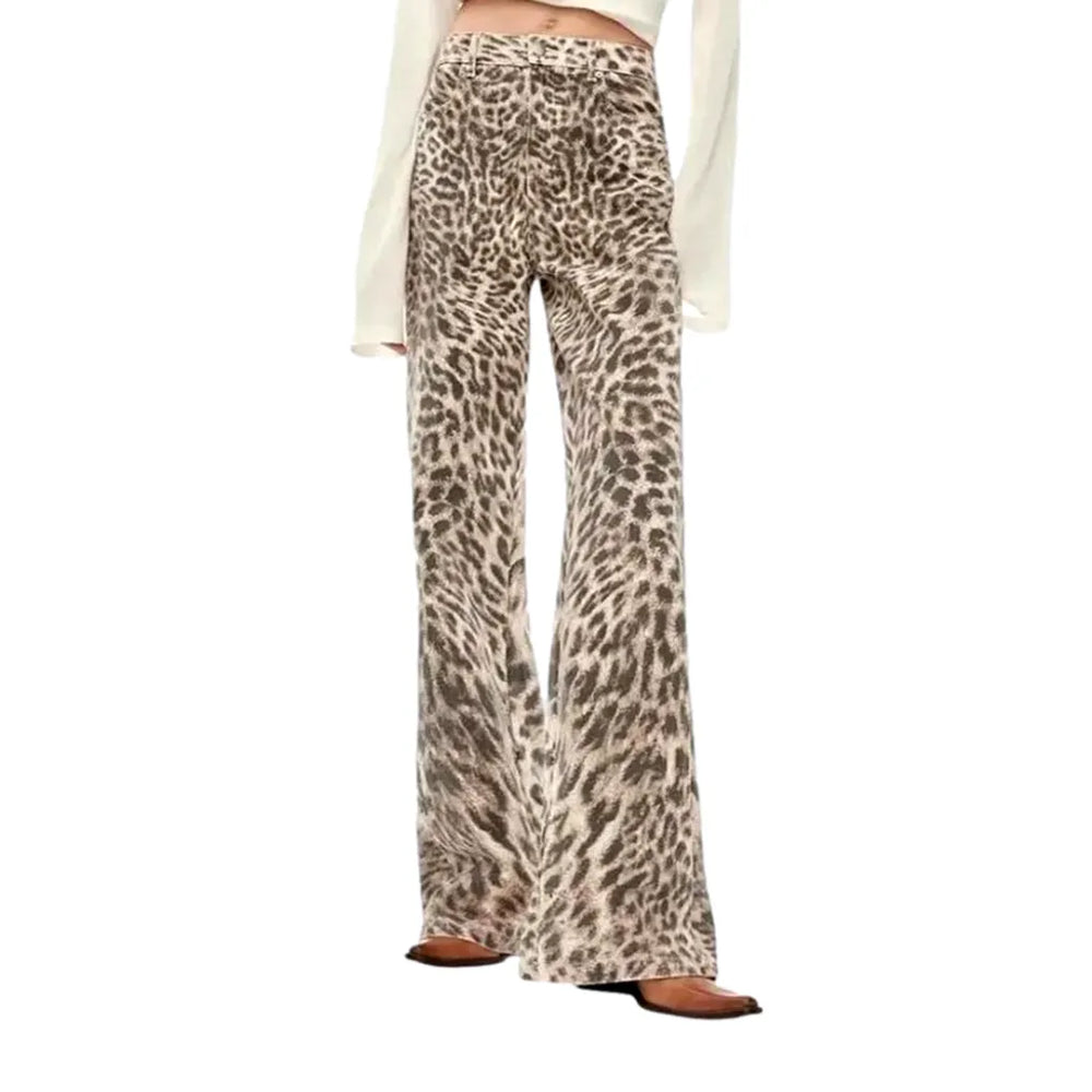 Trendy Leopard Print Flowy Women's Jeans Pants - Sand