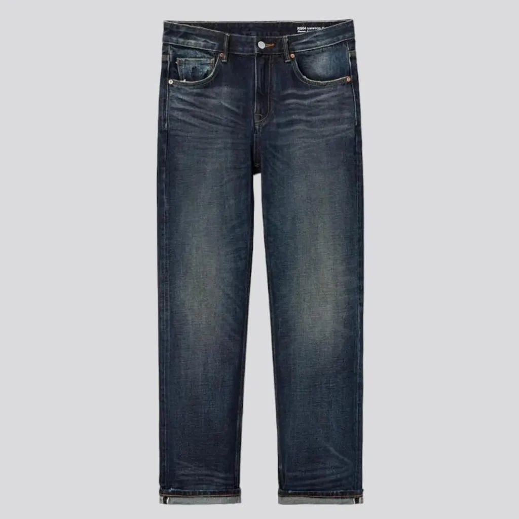 straight, dark-wash, sanded, whiskered, 16oz, selvedge, high-waist, zipper-button, 5-pockets, men's jeans | Jeans4you.shop