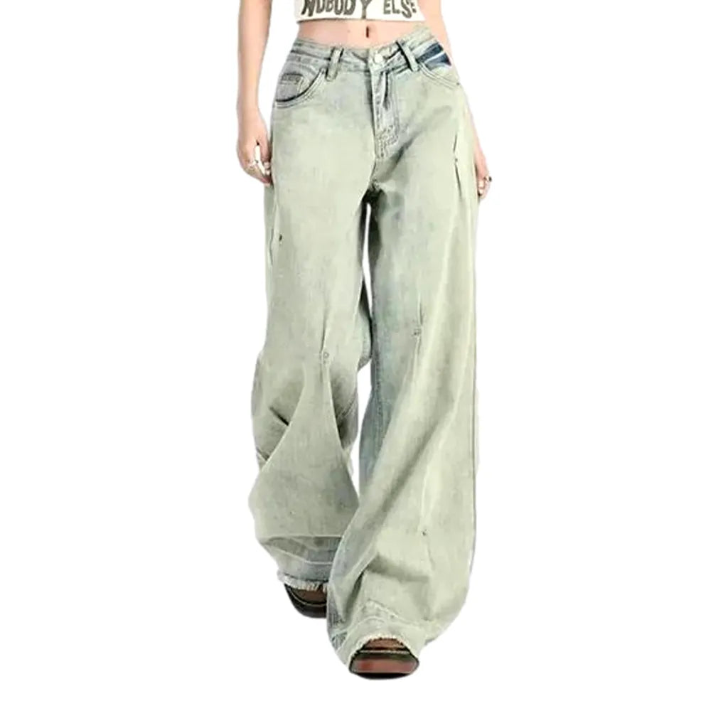 Aged Pattern Baggy Fit Women's Jeans - Light Blue