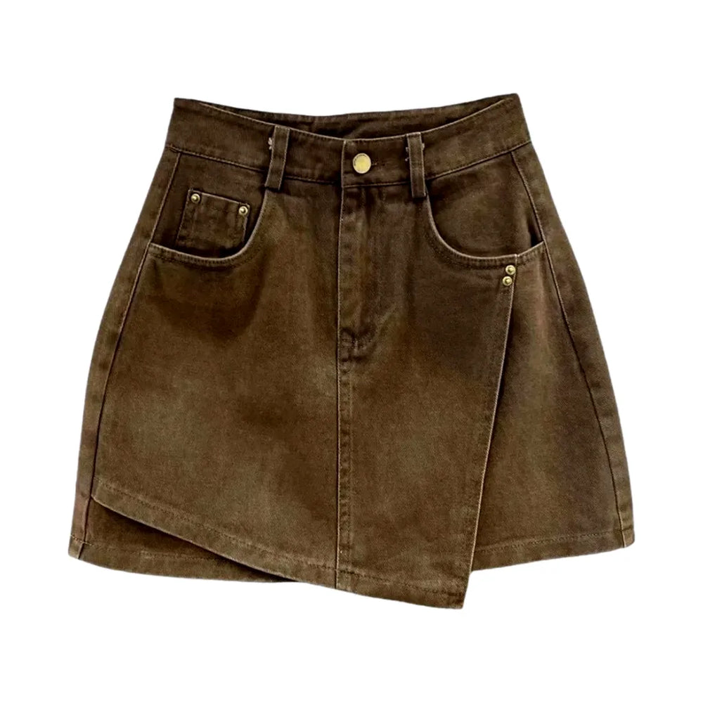 Vintage Multi-layer Denim Skort - Brown