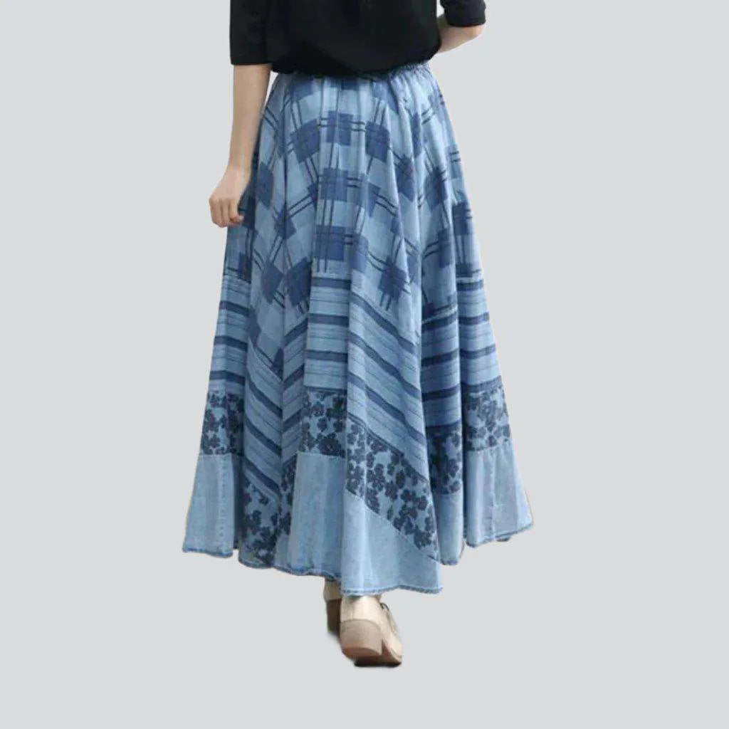 Embroidered flare maxi denim skirt