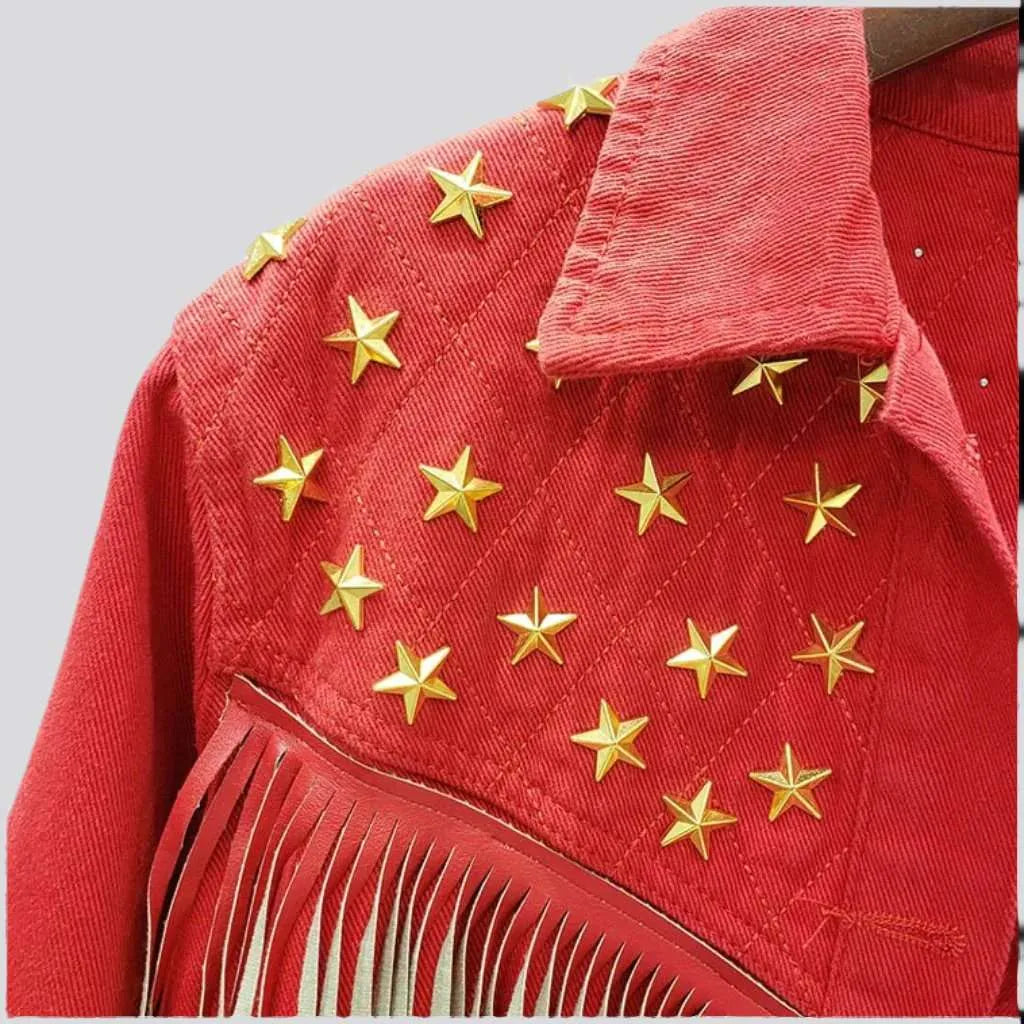 Fringe embellished color denim jacket