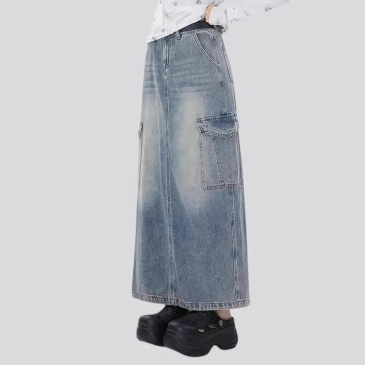 High-rise faded wash jean skirt