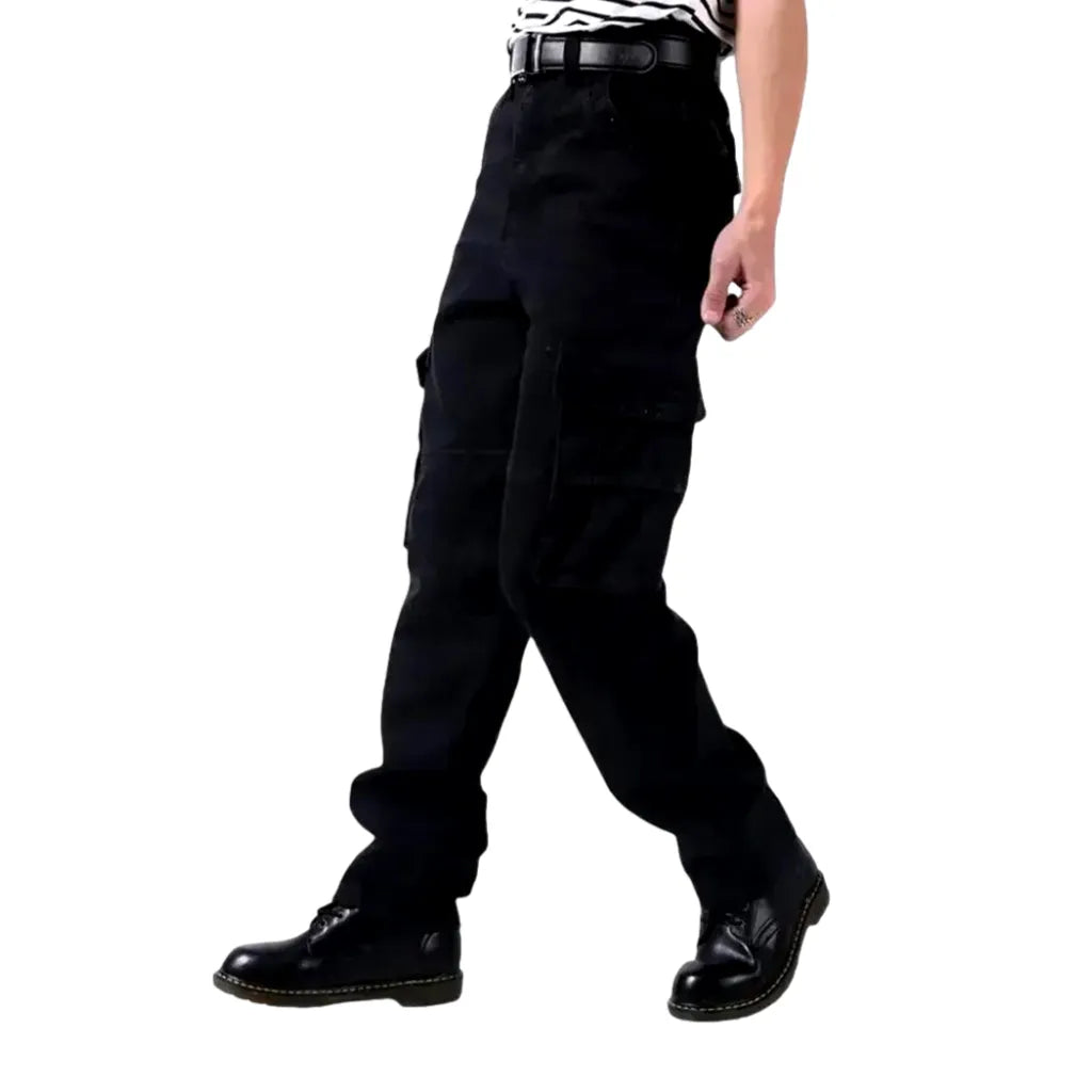 Mid-rise Loose-fit Cargo Workwear Men's Jean Pants - Black