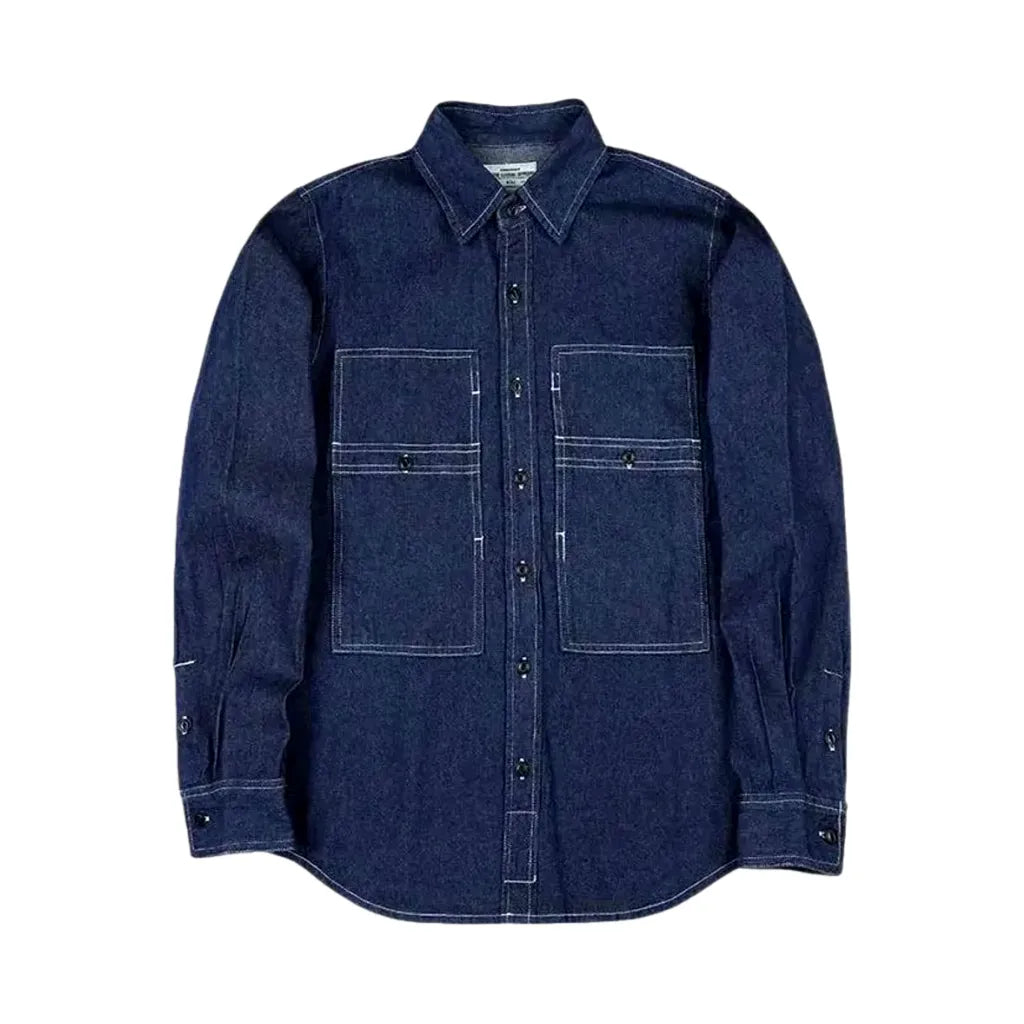 Medium Stripes Casual Worker Men's Denim Shirt - Blue